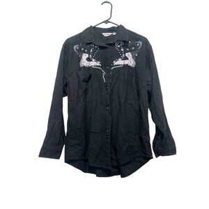 Vintage Gitano Western Beaded Shirt Womens medium Black Collared Cowgirl Rodeo